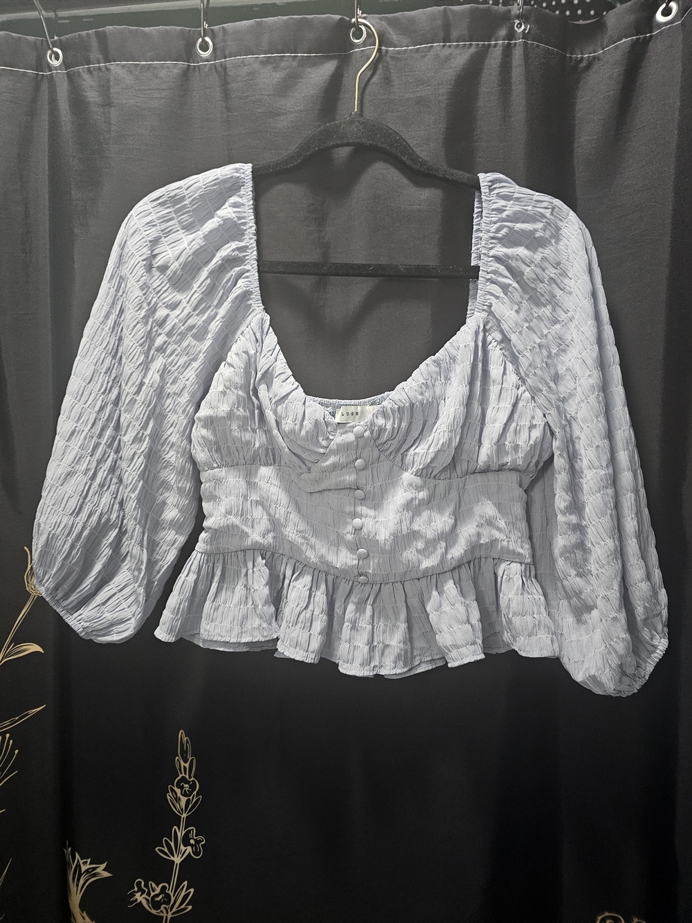 Lush Pale Blue Puff-Sleeve Peplum Blouse Size Medium